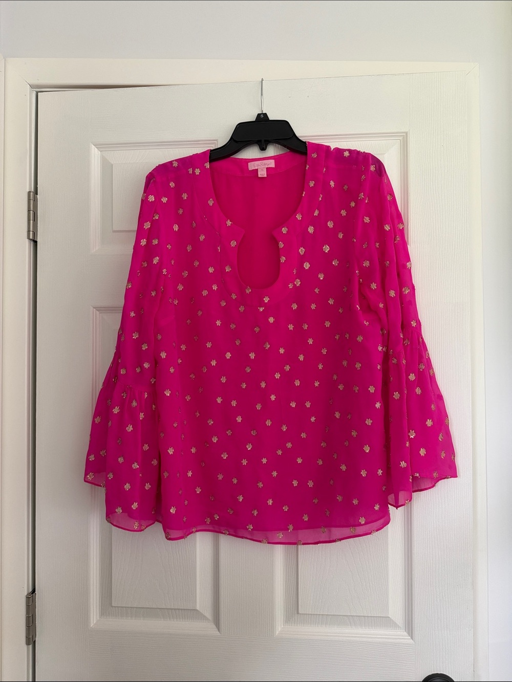 Lilly Pulitzer Hot Pink Bell-Sleeve Blouse with Gold Dots